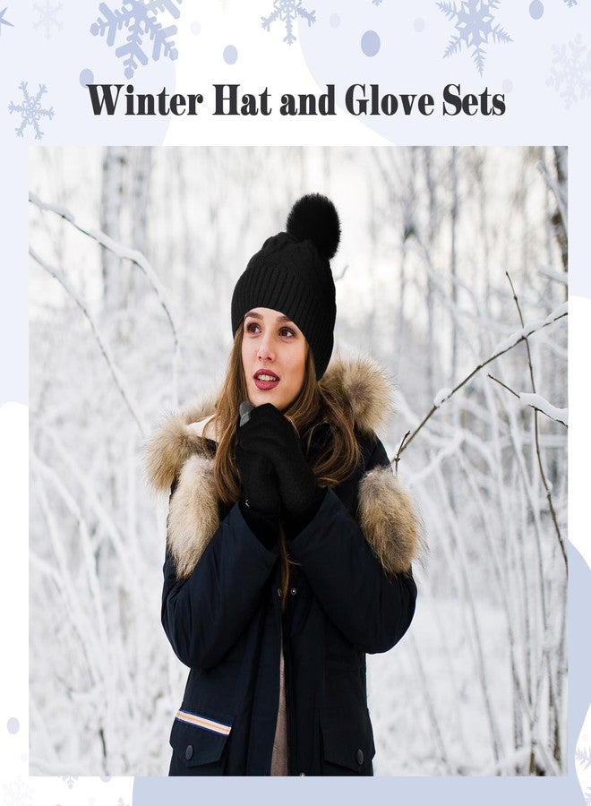 ShinyMatch Womens Winter Fleece Lined Knitted Beanie Hat Glove Set, Warm Pom Pom Beanie Knit Cap Touchscreen Gloves for Women(Black) - Image 2